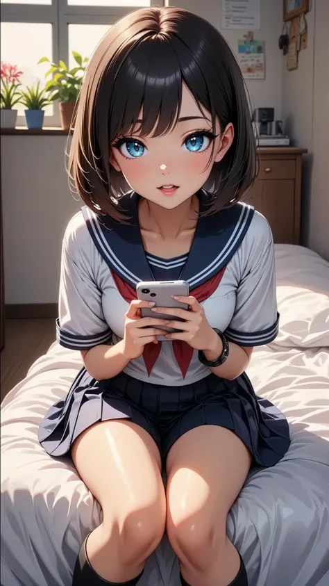 a young girl relaxing on a bed reading a smart phone,beautiful detailed eyes,beautiful detailed lips,extremely detailed eyes and face,longeyelashes, (sailor suit, pleated skirt , black tights, Loafers, Black Hair, bob cut), cozy bedroom interior,warm light...