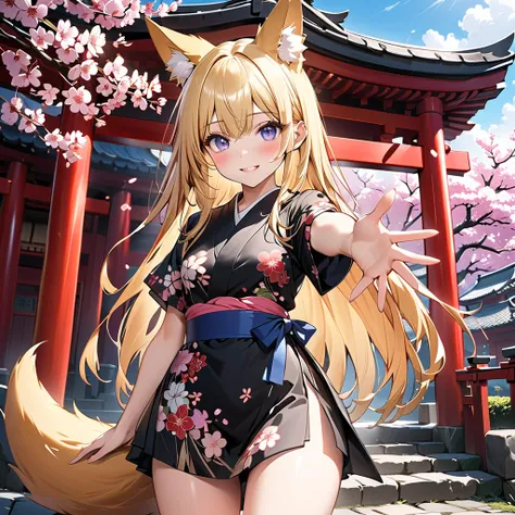 anime、 1 fox high school girl,( fox ear:1.1)、(Fox Tail:1.1)、 embarrassed face 、blush、Blonde、(long straight hair:1.2)、Small breasts,(black floral mini kimono:1.2),beautiful thighs,stand、(outstretched arm:1.5)、shrine、torii、cherry blossoms、blue sky、 cowboy sh...