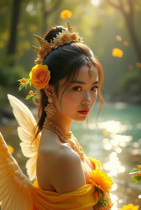 Create a vibrant scene inspired by Thai literature where a beautiful Thai woman, adorned with intricate Thai jewelry, Anodard Pond within the enchanted Himmapan Forest, captures the essence of her beauty, looking at the camera as she plays near the pond wi...