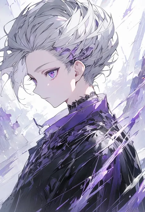 Alone, 1 male, Silver hair ,purple Eyes,mash Hair, Long Sleeve

