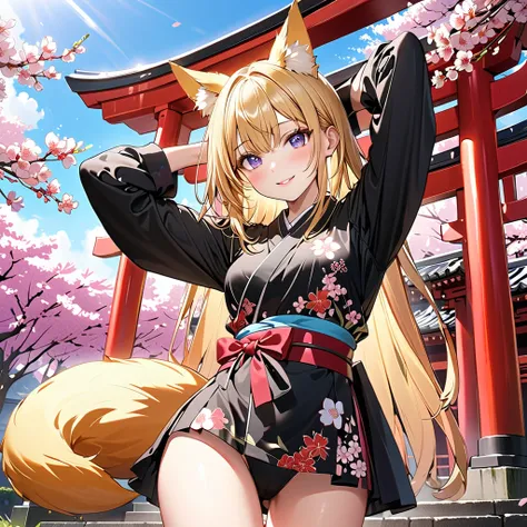 anime、 1 fox high school girl,( fox ear:1.1)、(Fox Tail:1.1)、wicked smile:1.2、blush、Blonde、(long straight hair:1.2)、Small breasts,(black long sleeve floral mini kimono:1.2),beautiful thighs,stand、(arm behind head:1.5)、shrine、torii、cherry blossoms、blue sky、 ...