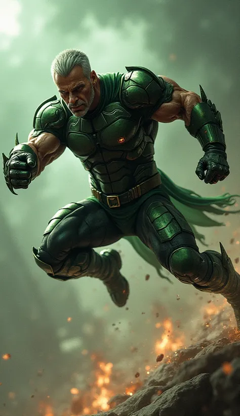 Muscular and mature man  , (green and black armor), ((DC Comics)) , (Trying to hit while jumping) ,  Strong Man ,Silver Hair,Shaved Head.Very short hair,(punch)