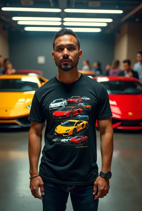 Write the post on the guys t-shirt while taking a photo with 9 Lamborghinis on the back of a man 