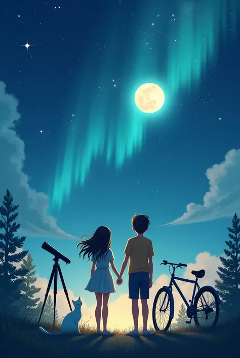 A teenage girl and a teenage boy standing side by side each other holding hands looking at the starry sky which has a full moon and the aurora. There is a telescope , a white cat and a bicycle beside them