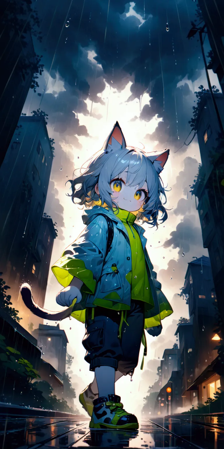 (heavy rain:1.3), (big raindrops), (rainy sky). 1girl/((catgirl:1.2),furry,chibi,cat ear,cat eye,cute, kawaii,hair floating, hai...