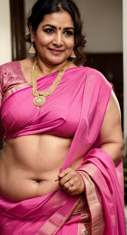 Selfie body shot of sexy  naina milf, chubby, cute face, 45yo, wearing Cotton  pink sari,(cinematic:1.3), intricate details, (ArtStation:1.2),detailed face, 4k, UHD,beautiful eyes, realistic skin texture,hairs tied up, mature healthy figure,