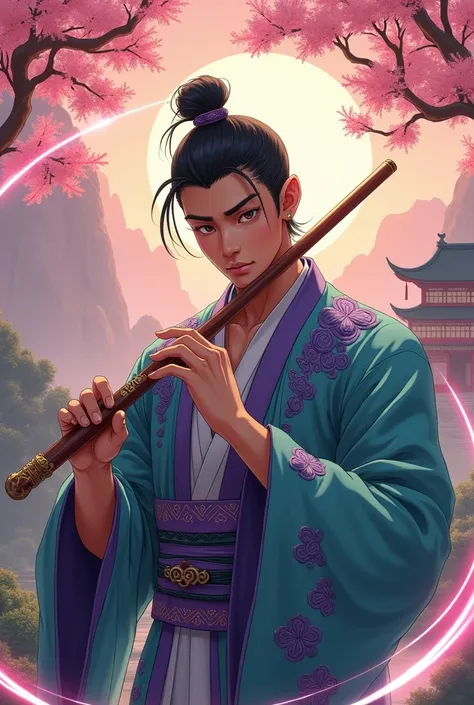 Japanese anime hd , Anime image Young Taoist blowing Chinese skin flute ,  A sharp high-definition image shows a Chinese male cheerleader, a very sharp, dark-skinned 18-year-old teen, a tough athlete., There is sight , with an ancient Chinese imperial hair...