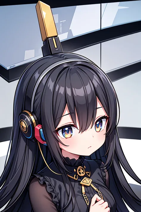 Woman using computer with big screen、silber hair、Semi-long hair、Wearing cool headphones,{{{{{{{{ Black Parker Oversize }}}}}}}},beautiful and delicate golden eyes,Thinking,Black clothes,