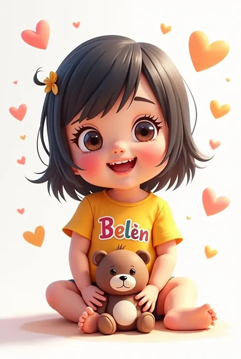  bb of 11 months old sitting with a yellow shirt with the name Belén on her chest in different colors medium long black hair dreamy eyes and mischievous smile with a brown and white teddy bear between her crossed legs with translucent colored hearts almost...