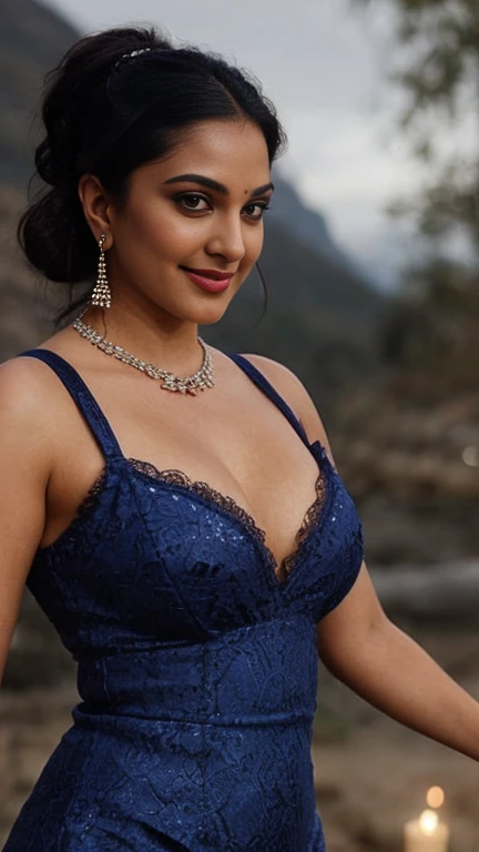 extreme close up photo of sexy indian, curvy, swooping breasts, deep cleavage, seducing on mountains, ponytail, necklace, blue lace night dress, seductive eyes, sultry, look at viewer and subtle smile, (cinematic:1.3), intricate details, (ArtStation:1.2)