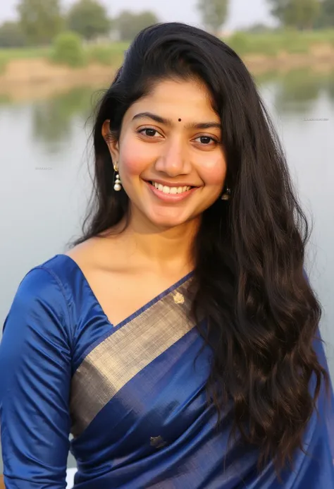 close up photo of 30 years old Sai pallavi, doing hand to big penis lying on river, swooping breasts, deep cleavage, look at camera, blue saree, French braid hair, 4K, HD