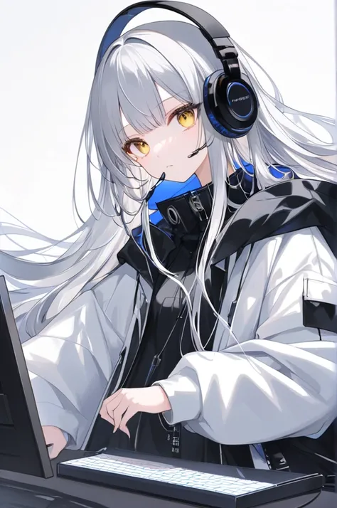 Woman using computer with big screen、silber hair、Semi-long hair、Wearing cool headphones,{{{{{{{{ Black Parker Oversize }}}}}}}},beautiful and delicate golden eyes,Thinking,Black clothes,