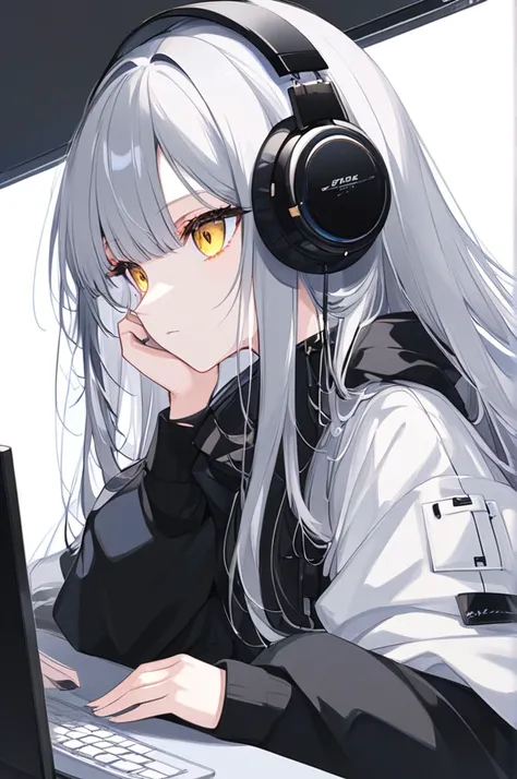 Woman using computer with big screen、silber hair、Semi-long hair、Wearing cool headphones,{{{{{{{{ Black Parker Oversize }}}}}}}},beautiful and delicate golden eyes,Thinking,Black clothes,