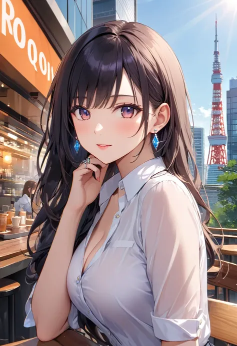  best quality,  amazing,delicate,  super detailed, beautiful, 8k ,  1 girl ,  black long hair by lla,Business shirts,  earrings for a woman alone, Outdoor,  bright 、Married Woman,sunlight、Clear skies、Cafes in Tokyo、Skyscrapers in the background、 Tokyo towe...