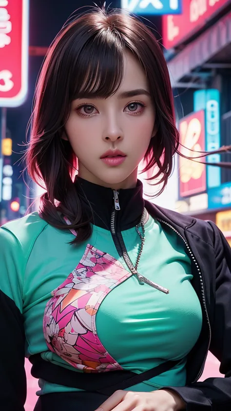 ((round_face)),(masterpiece, highest quality, highest quality, Official Art, beautifully, aesthetic:1.2), Portrait Photography,  (Cyberpunk fashion beautiful girl 1 person), Big iridescent eyes, Beautiful skin, Expressionlesoderate breast size, （Pink and b...