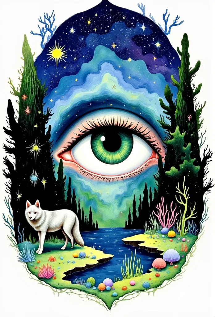 a beautiful logo， with only a big green female eye， and a dark forest and a gray wolf in the center of a white background, paint...