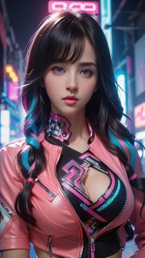 (masterpiece, highest quality, highest quality, Official Art, beautifully, aesthetic:1.2), Staring at the viewer, Portrait Photography, (Cyberpunk beautiful girl 1 person), Big iridescent eyes, Beautiful skin, (Pink and blue long hair with bangs), Very det...