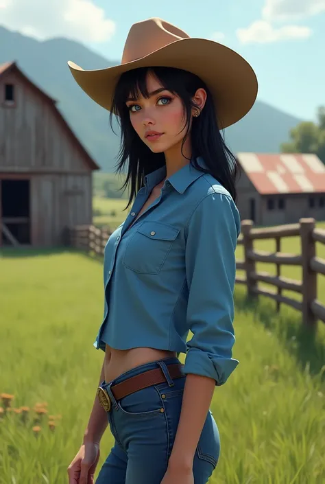 1girl, Solo, medium-long hair, black hair, blue eyes, cowboy hat, blue shirt, jeans, at the farm, strong slim body, medium chest, lips, cute face, soft face, High Resolution, Masterpiece