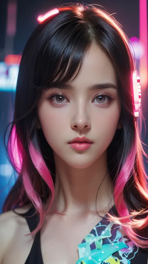 (masterpiece, highest quality, highest quality, Official Art, beautifully, aesthetic:1.2), Staring at the viewer, Portrait Photography, (Cyberpunk beautiful girl 1 person), Big iridescent eyes, Beautiful skin, (Pink and blue long hair with bangs), Very det...