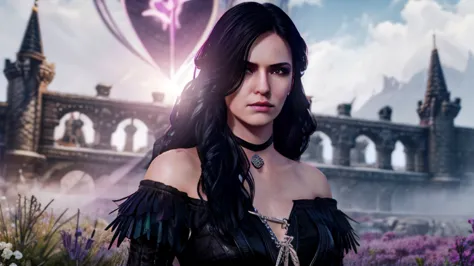 yennifer the witcher black hair ,  violet eyes with a heart-shaped pendant around her neck in bright clothes against the backgro...