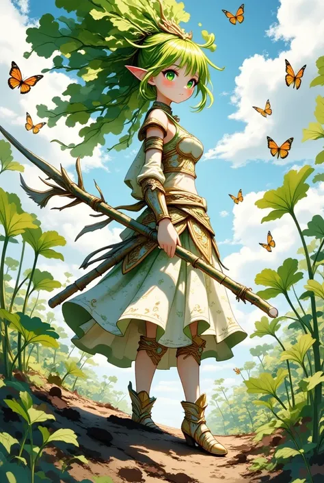 Super realistic illustration, Detailed Fantasy art, Cinema 4D rendering. A cute daikon lady Warrior holding a long bamboo skewer spear, standing in the large daikon field, full body, long shot. many butterflies are flying around