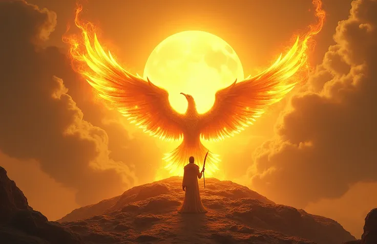 "At the summit of the Mountain of Light, the Phoenix appears in a blaze of golden light, its wings outstretched and glowing. The king stands humbly before the majestic bird, holding the golden feather."