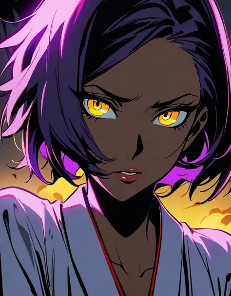 1 girl , one night in sifengyuan, bleach,  purple hair , perfect yellow eyes , dark skin,  noir style portrait,masterpiece, high...