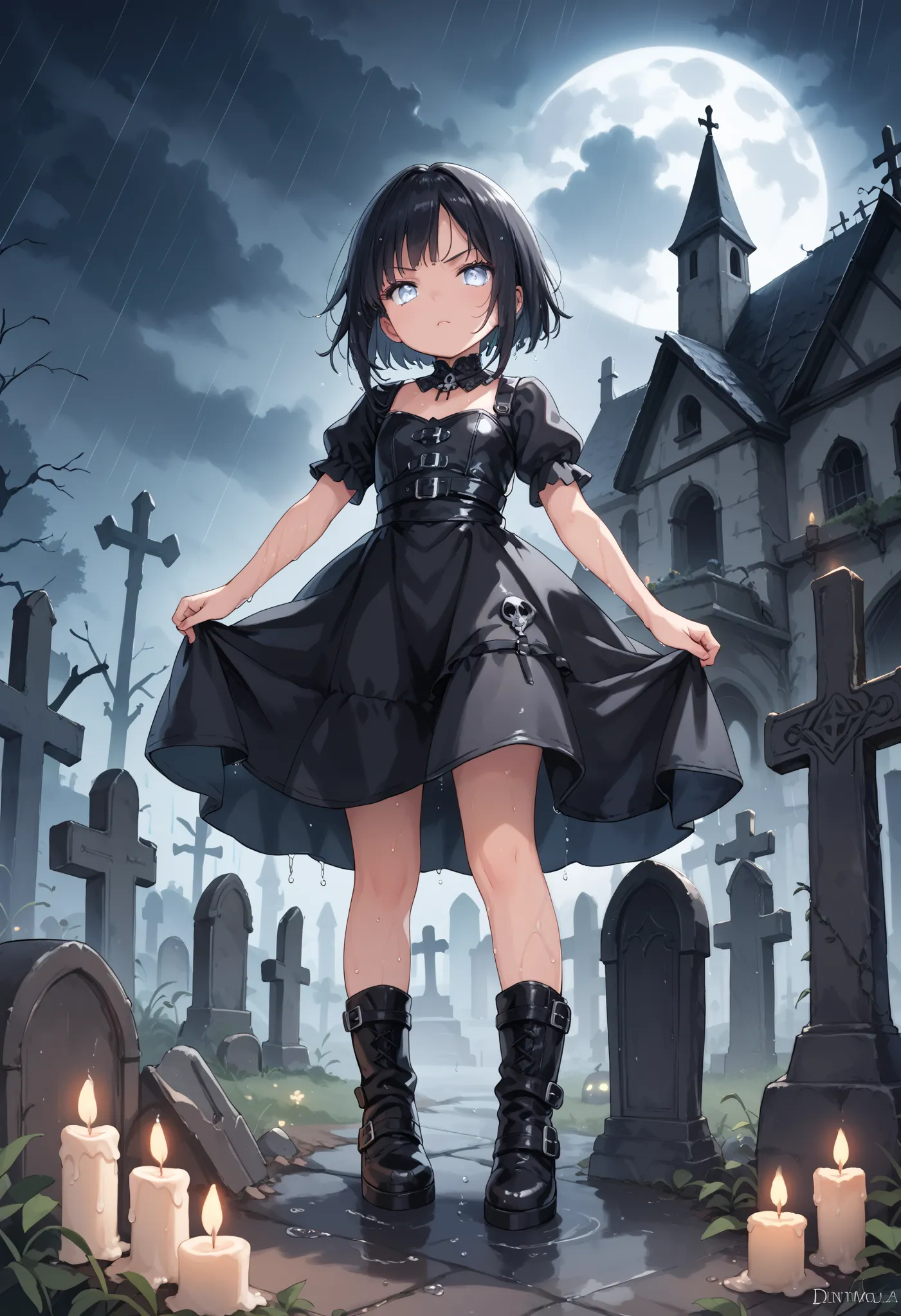 illustration, best quality, cinematic lighting, dark gothic style, full body shot, 1girl, short black hair, wet hair, gothic dre...