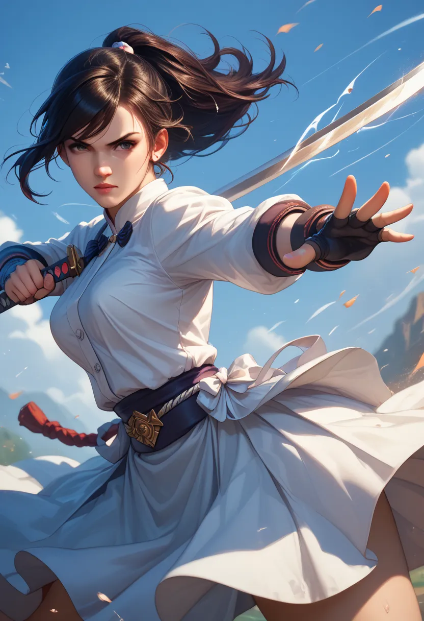 woman fighting, strong,  wearing a sword , warrior, hair in the wind,  big boobs