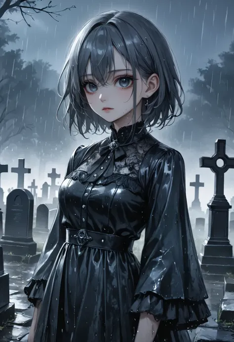 masterpiece, best quality, 8k, highres, ultra-detailed, HDR, UHD, ultra-fine painting, dark gothic style, eerie cemetery at night, (rain falling steadily), wet and shiny gravestones, derelict graveyard,gothic girl with drenched hair,walking slowly with gra...