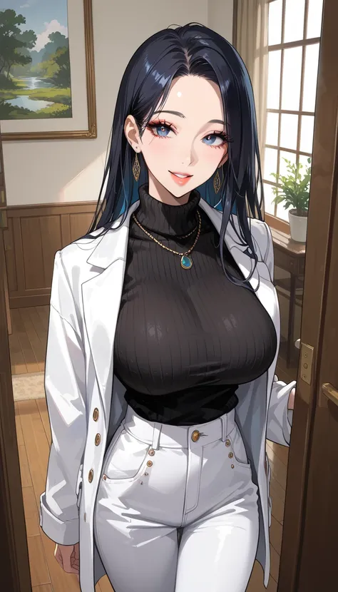  score_9,  score_8_up,  score_7_up,  source_Anime,masterpiece, best quality, BEAUTIFUL AND DETAILED EYES ,  beautiful detailed lips,  very detailed eyes and faces, long breasts, 1 female, smile, Put on a white coat、sweater under a white coat,  black sweate...