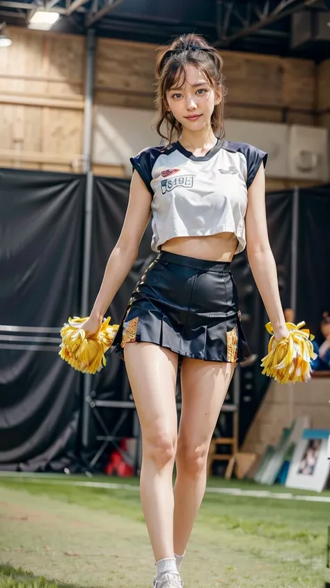 A beautiful young Japanese woman, 20 years old, with perfect anatomy, healthy thighs, beautiful feet, flawless skin, random hair color and style, large bust, wearing a cheerleader uniform with micro-pleated miniskirt, in a full-body shot, standing in a sta...