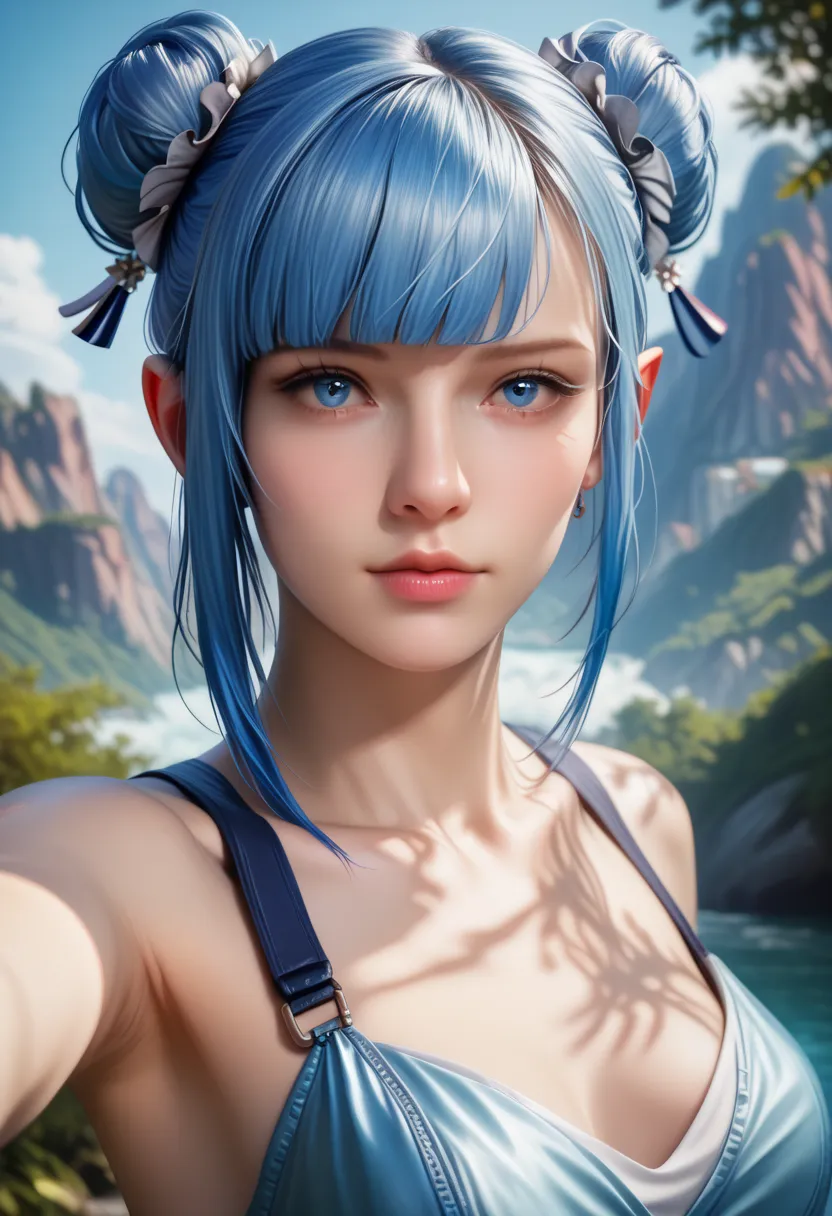 a beautiful elf girl training, short brown hair, double bun hairstyle, blunt bangs, blue eyes, hair ornament, detailed face, ele...