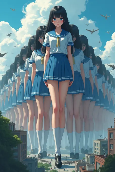 (((giant clone-girls art))), (((16k,   best quality ,   ultra high resolution))), (((((that&#39;  Very Unrealistic and Delusional Worldview  .))))), A high school girl with thick black hair,  Light Blue Short Sleeve Uniforms ,  Blue and White Striped Minis...