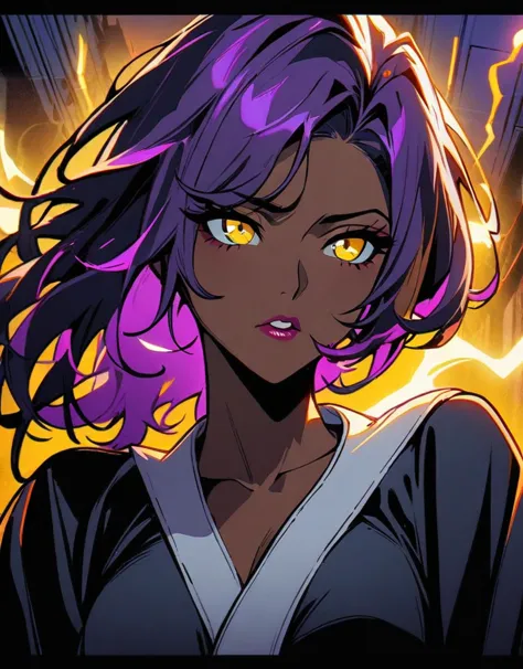 1 girl , one night in sifengyuan, bleach,  purple hair , perfect yellow eyes , dark skin,  noir style portrait,masterpiece, high...