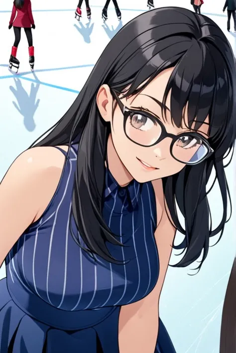 Black hair, long hair, glasses, skating rink, ice skating, girl skating