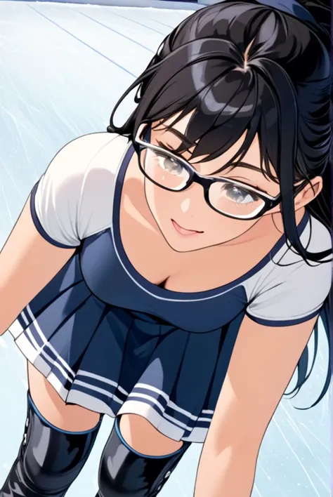 Black hair, long hair, glasses, skating rink, ice skating, girl skating