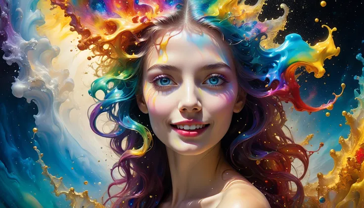 woman smile, perfect tooth, aries zodiac sign, level difference:1.8),(Paint colliding and splashing on the canvas),(depth of field),1girls side face blends into it,((side face)),open mouth,(liquid paint rainbow hair:1.1) made of paint and defies gravity,th...