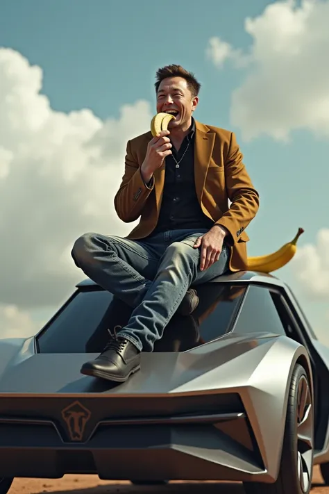 elon musk eating a banana on top of a tesla cybertruck