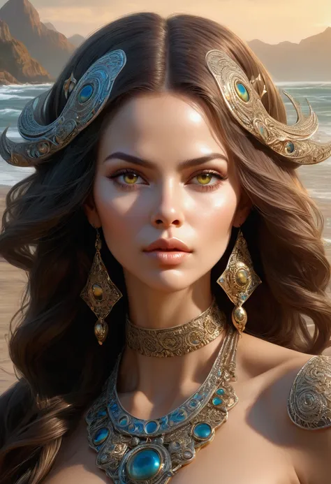 foto by (Sofia Vergara:1.1), Waist high Portrait of an exotic beautiful caucasian woman wearing trendy clothing at a beach,  perfect detailed face, detailed symmetric hazel eyes with circular iris, realistic, stunning realistic photograph, 3d render, octan...