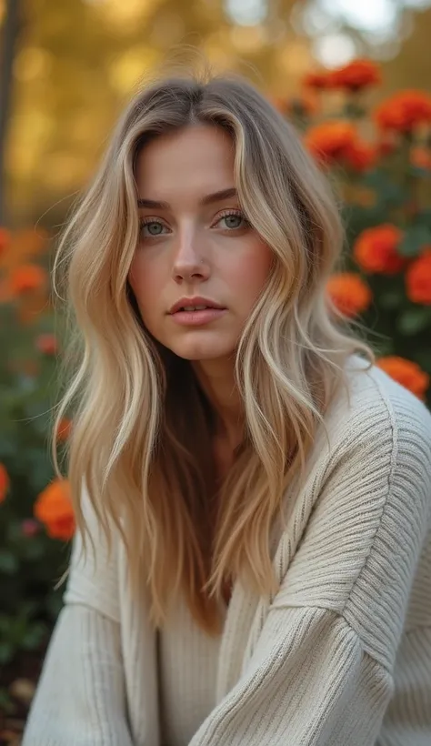  A woman with natural beauty ,  with blond hair and minimal makeup, Dressed in a cozy sweater ,  with an autumn garden in the background .