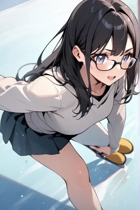 Black hair, long hair, glasses, skating rink, ice skating, girl skating