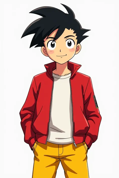 Shinchan teenager handsome  with red jacket and yellow pant and his hands are in his pocket and make it more stylish and hairstyle should look good and he should look cool