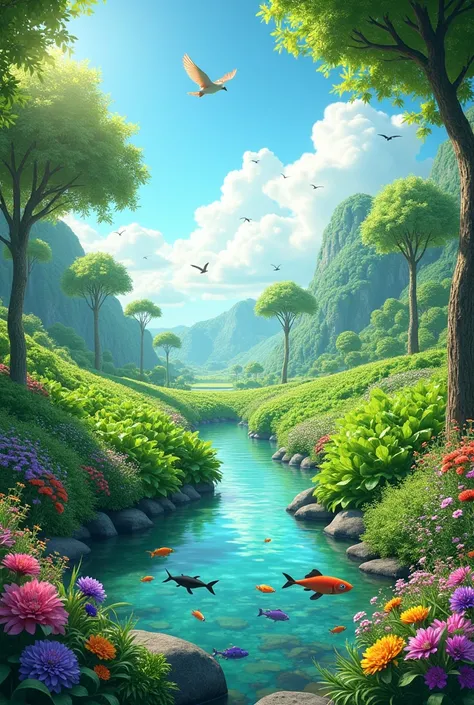 imagine a scenery where will be flowers, spinach, fish and birds.

need to be natural and realistic.