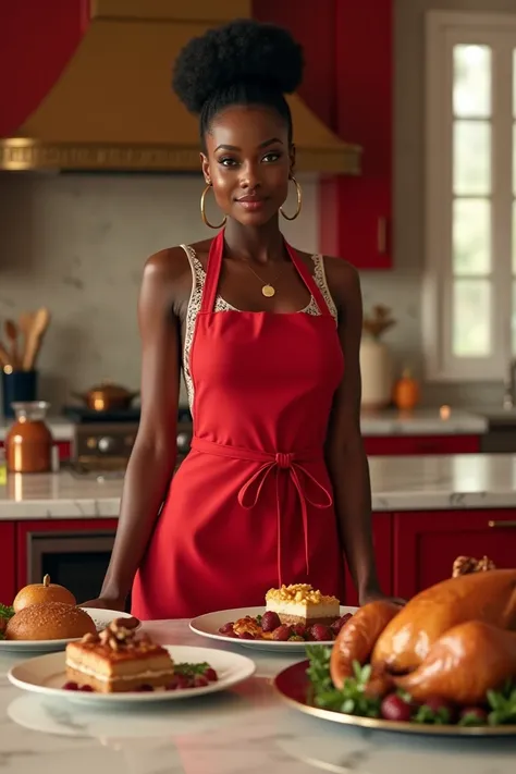 Depict a stunning, sophisticated Black mother in an opulent, color-coordinated kitchen, elegantly styled for Thanksgiving. She wears a fitted, red chef’s apron with delicate white detailing, perfectly accentuating her figure, while her sleek ponytail bun a...