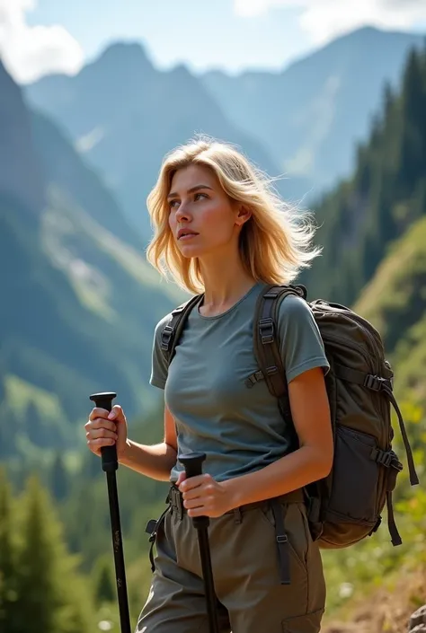 Blonde woman french cut hairstyle,with outdoor clothing, t-shirt ,goes on a mountain hiking tour with backpacks and hiking sticks