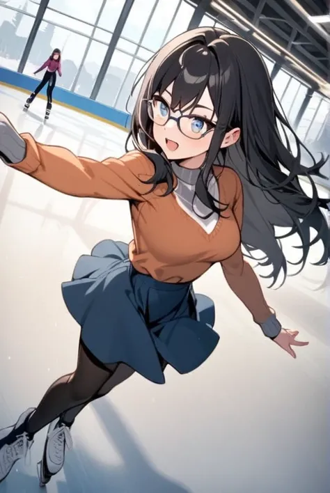 Black hair, long hair, glasses, skating rink, ice skating, girl skating