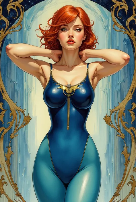 An art nouveau style watercolor image of a slender redhead woman. She is wearing a shiny rubber uniform which is dark blue at the top and skyblue at the bottom. Hands behind her neck. Druillet style. Enki Bilal. Mesmerizing look. Ornamental science-fiction...