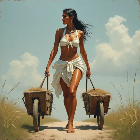 Generate oil painting of beautiful 1400 era Indian women, short white cloths  , slim body, six pack expose, bare foot, alone , full body shot, she working hard and carrying carts by herself , shoot with 24mm, tied hairs, dynamic poses hands above head arch...