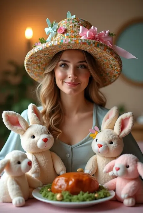 , mosaic, festive, easter bonnet (womens hat with decorations), bunnies stuffed animals, lamb dish, , soft, warm lighting